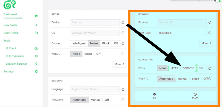 select the proxy type (HTTP or SOCKS5)